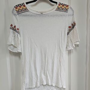 LOFT White Brown Graphic Flutter Sleeve Tee